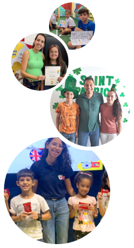 3 fotos em formato de círculos e com bordas brancas. Na primeira tem uma professora com um fantoche na mão. Na segunda tem outra professora com fantoche na mão em uma roda de alunos. Na terceira tem outra professora sorrindo com um fantoche na mão e um aluno assistindo